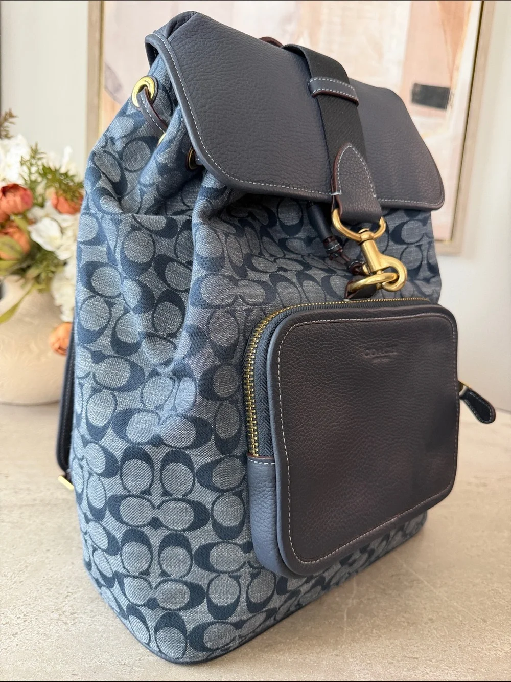 Coach Navy Signature Denim Canvas Backpack with Leather Trim